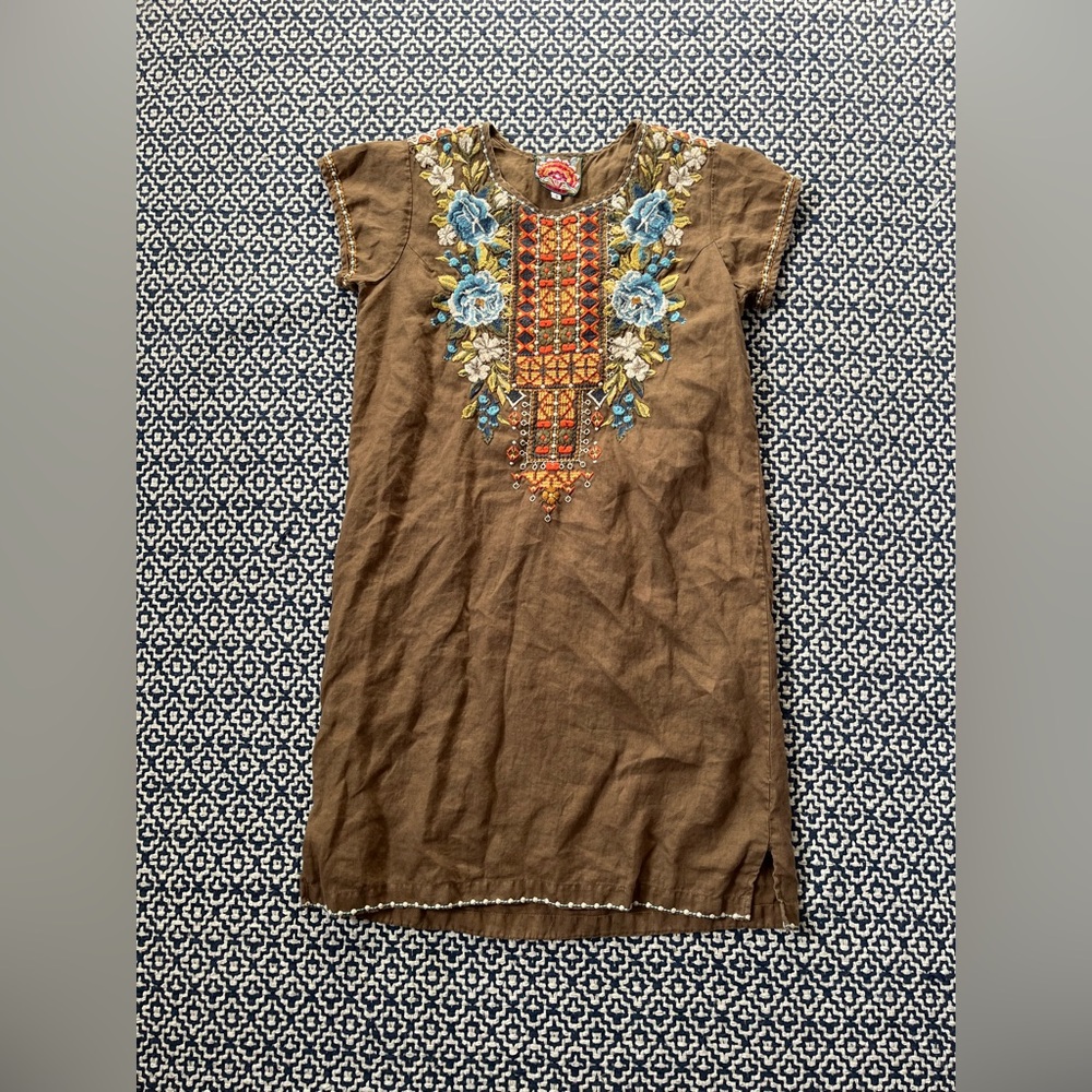 Johnny Was Hira Linen Olive Green Embroidered Dress